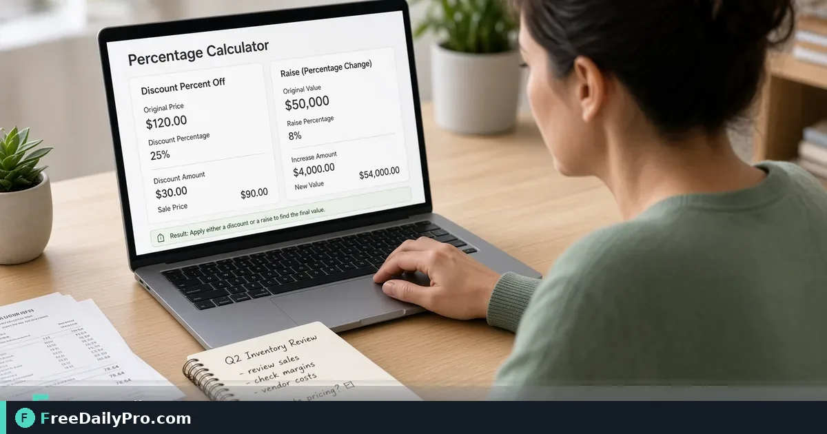 Small business owner calculating a discount percentage on a laptop with a notepad