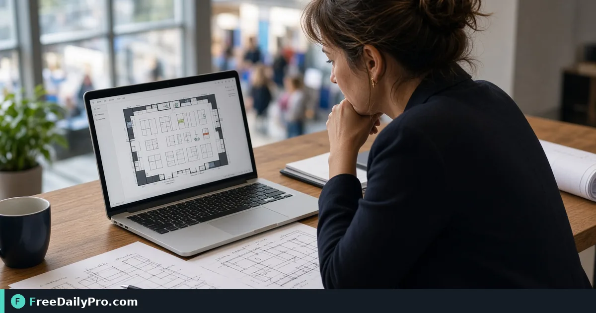 Trade show organizer planning booth floor layout on a laptop