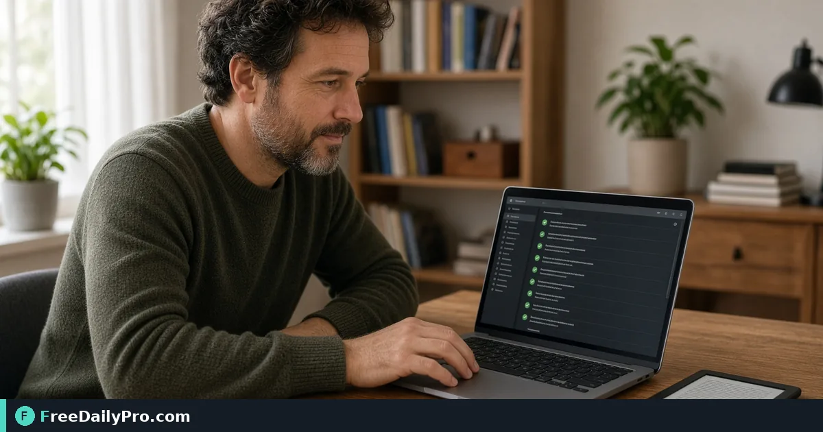 Author reviewing an EPUB validation checklist on a laptop with an e-reader nearby