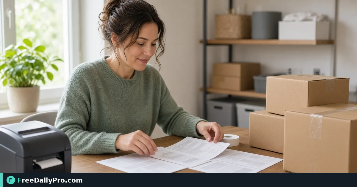 Small business owner checking printed address label sheets next to shipping boxes