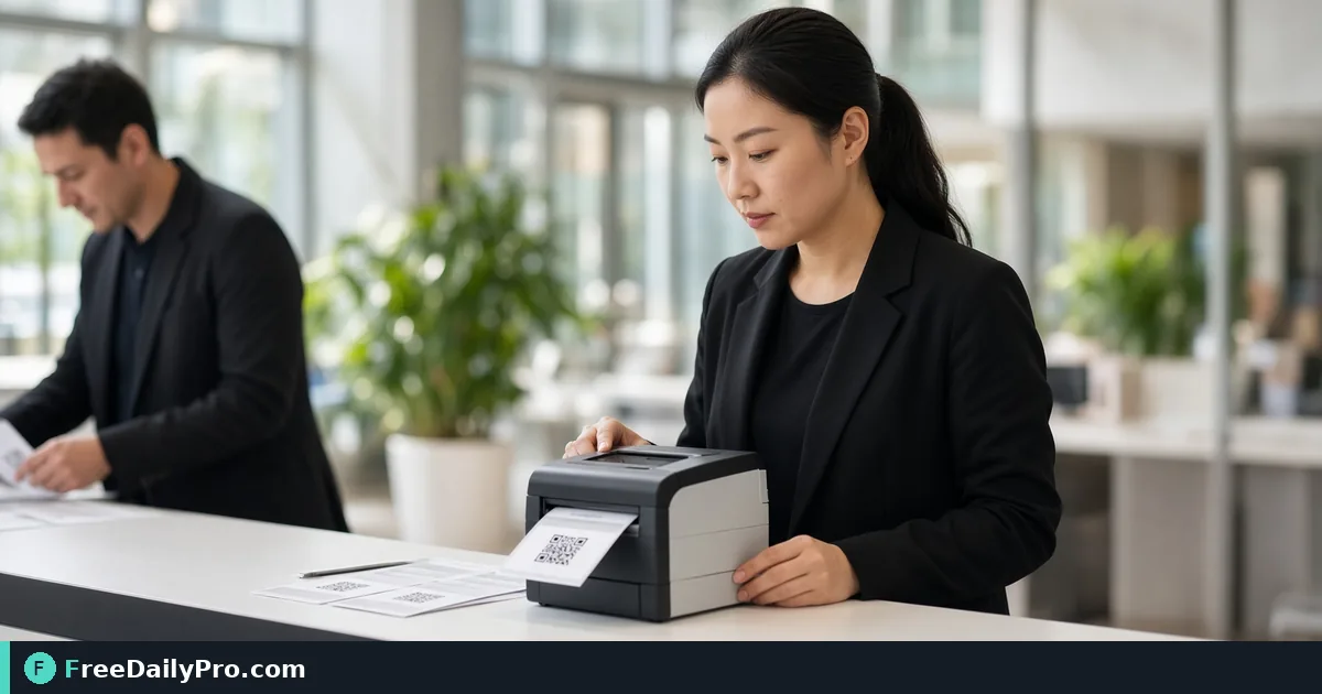 Event staff printing name badges with QR codes at a registration desk