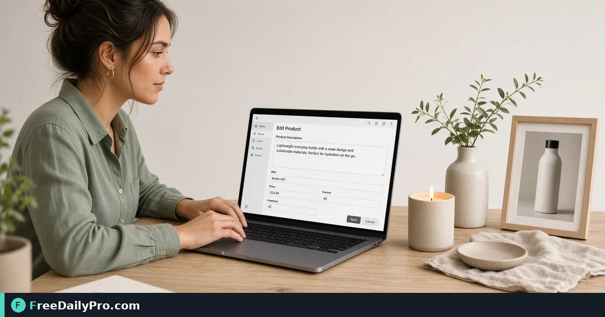 Person using Product Description Writer on a laptop for a real catalog copy task