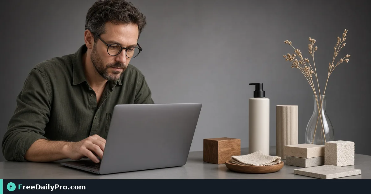Seller working out product margin on a laptop with samples on the desk
