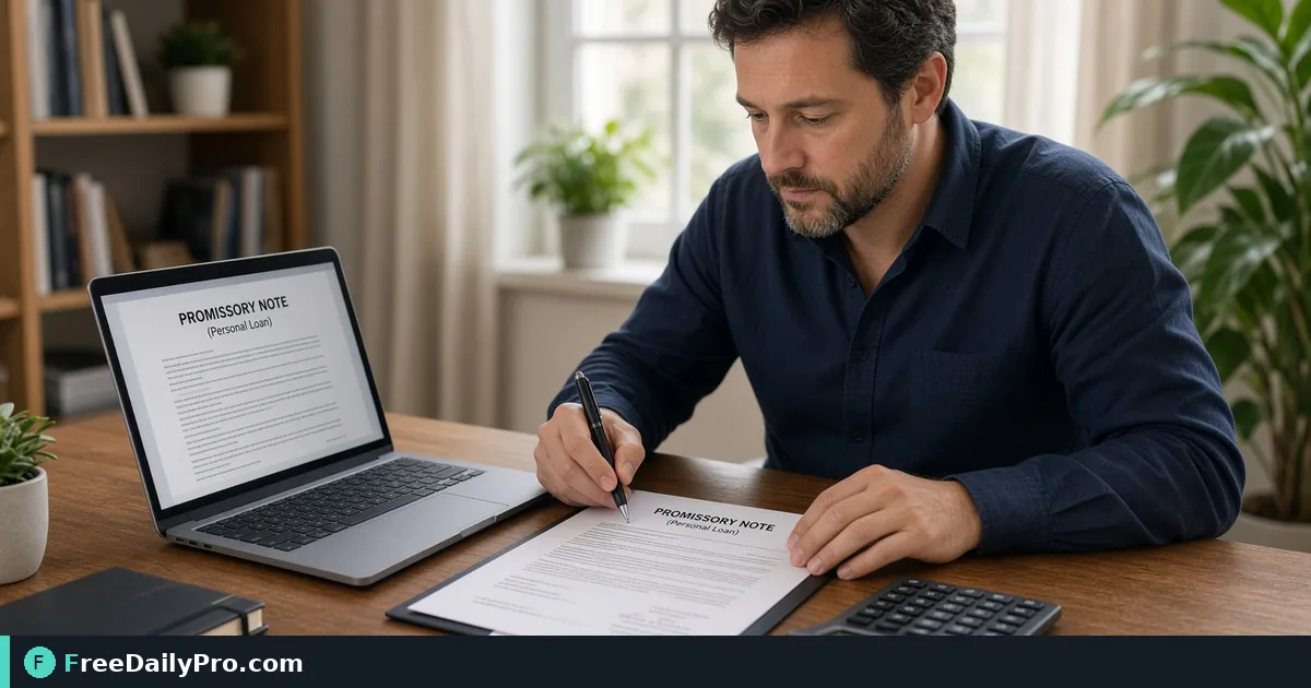 Person using Promissory Note Generator on a laptop for a real loan documentation task