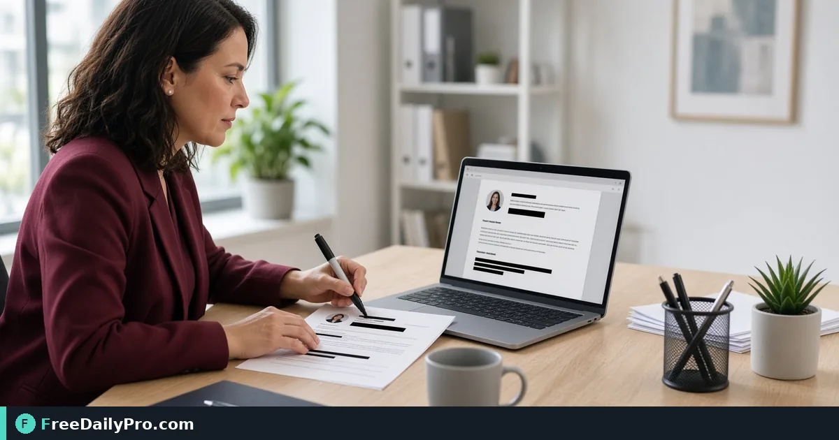 HR professional preparing a redacted resume for blind review on a laptop