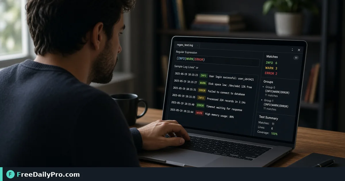 Person using Regex Tester on a laptop for a real pattern QA task