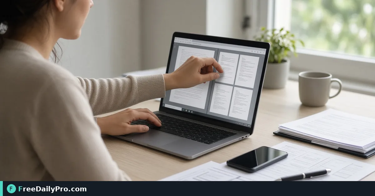 Person rotating a sideways scanned PDF on a laptop with phone nearby