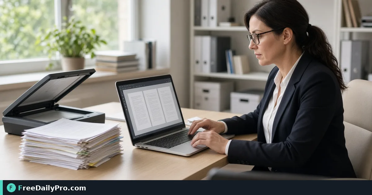 Admin rotating a multi-page PDF scan on a laptop