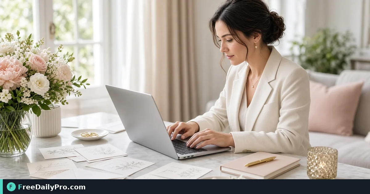 Wedding planner managing a guest list on a laptop with invitations nearby