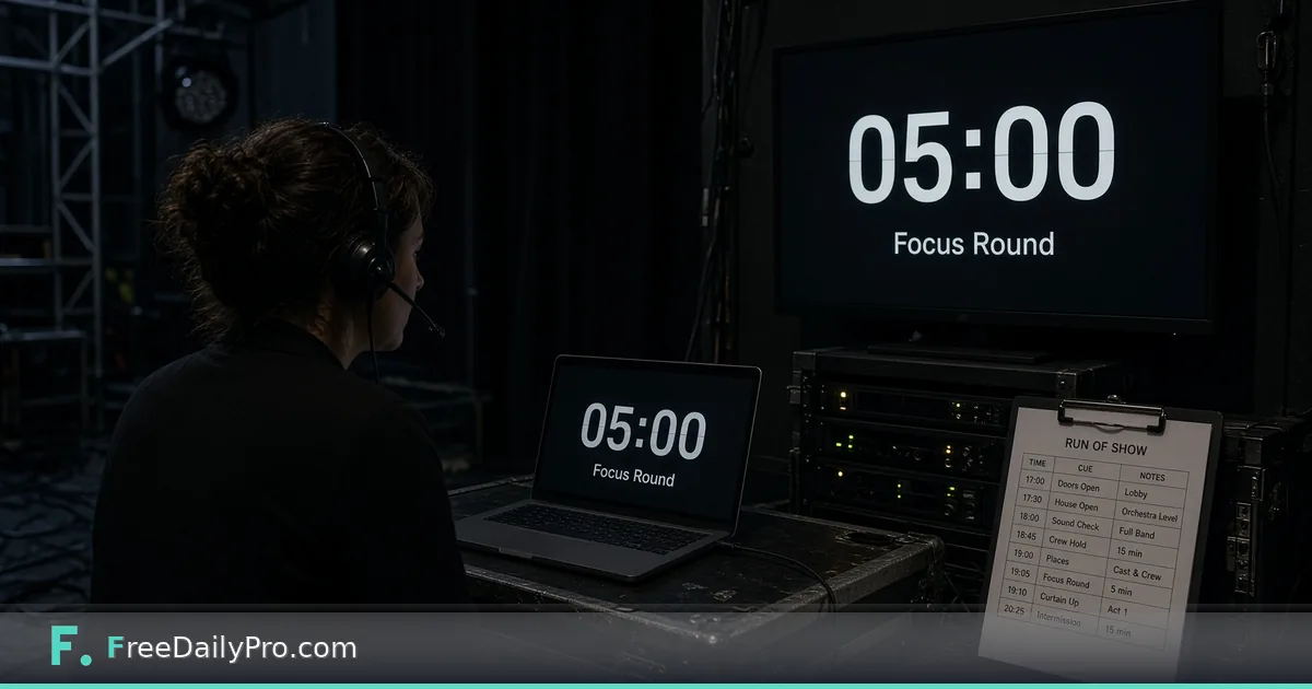 Speaker facing a full-screen stage countdown on a tablet at the lectern