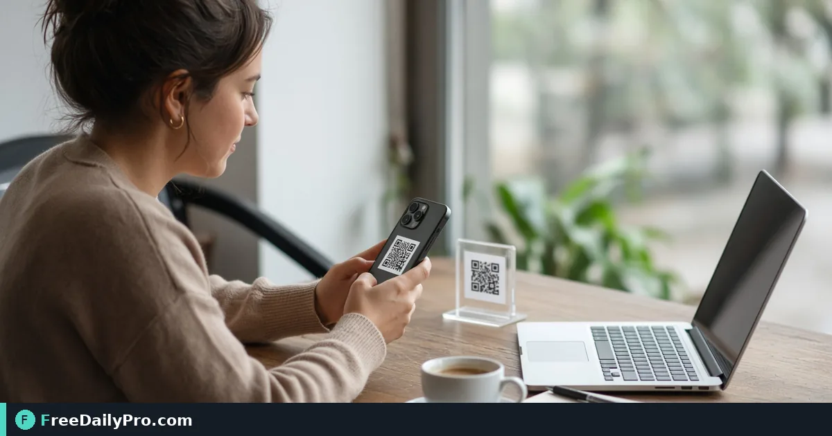 Person scanning a QR code with a phone at a cafe table next to a laptop