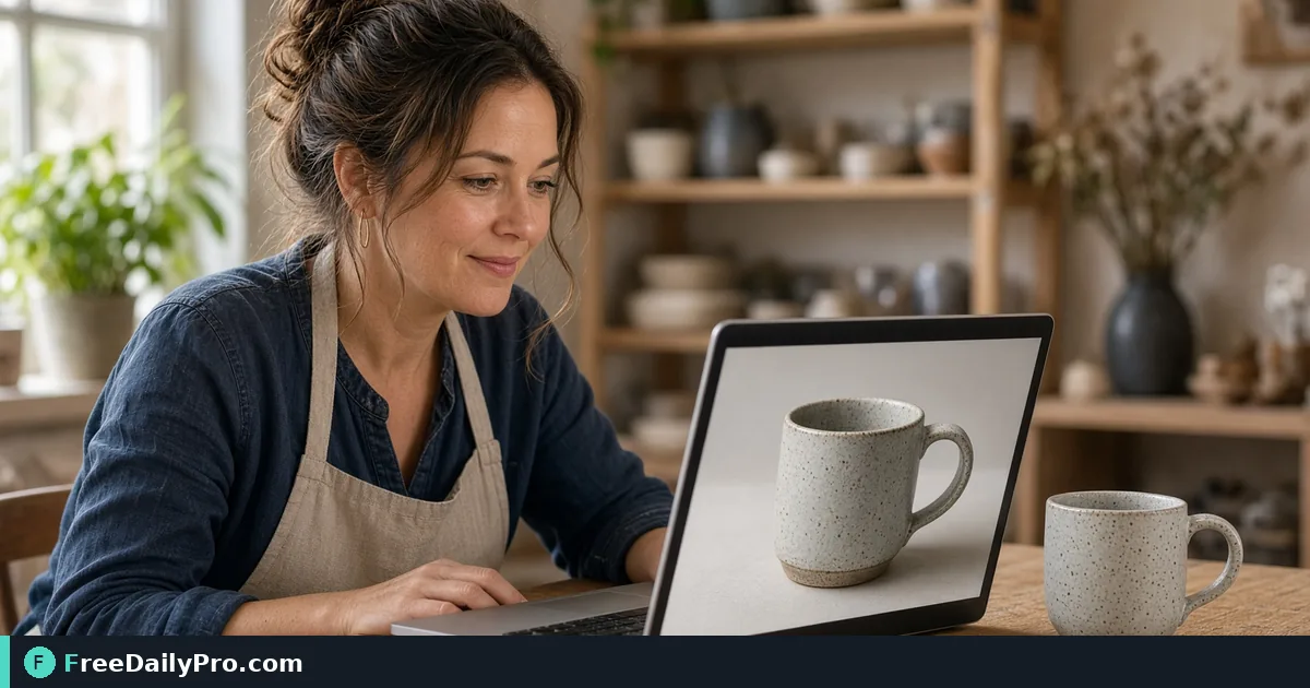 Shop owner enhancing a dull product photo on a laptop next to the physical item