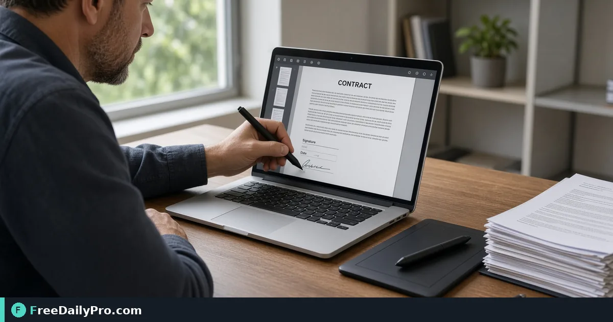 Contractor signing a PDF form on a laptop