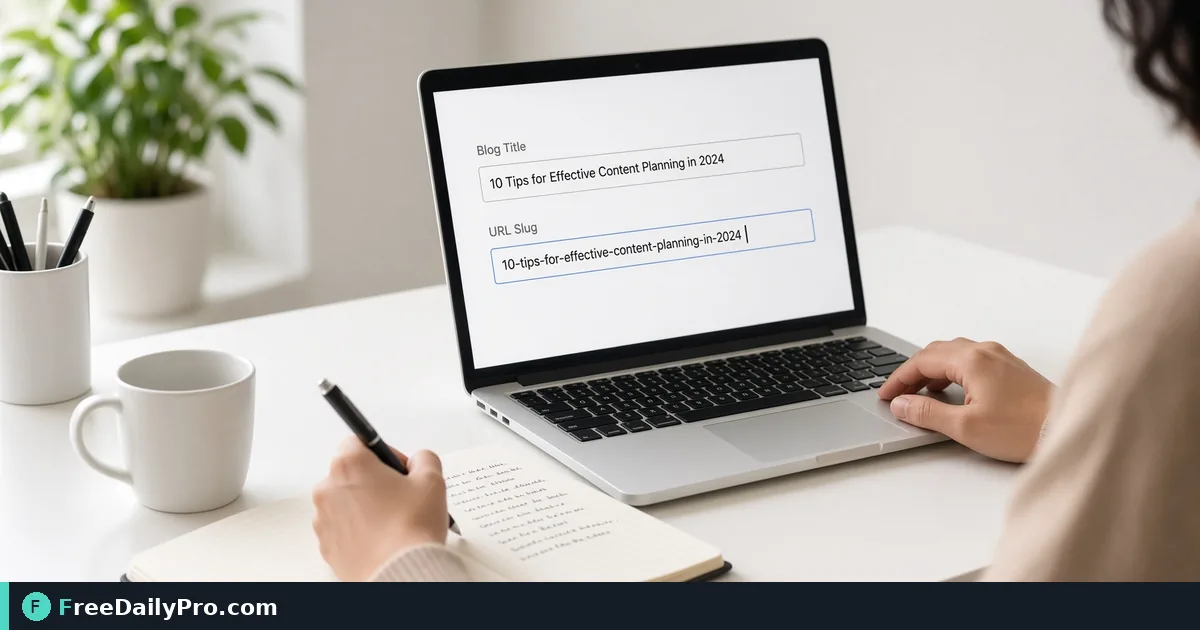 Writer converting a blog title into a clean URL slug on a laptop