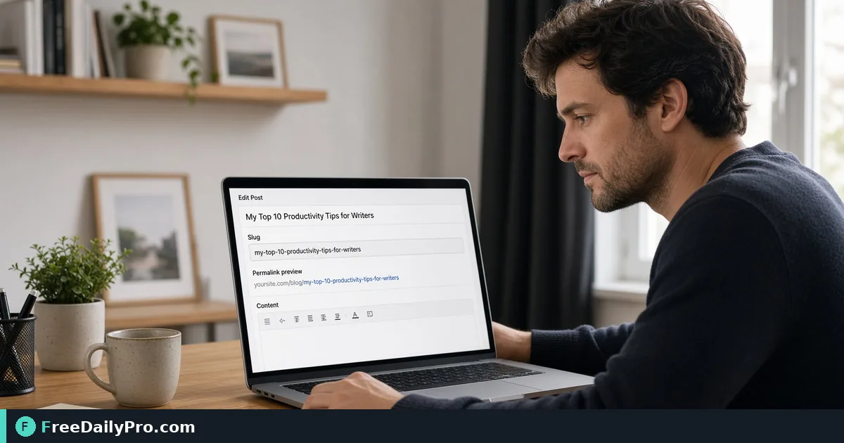 Person using Slug Generator on a laptop for a real blog URL hygiene task