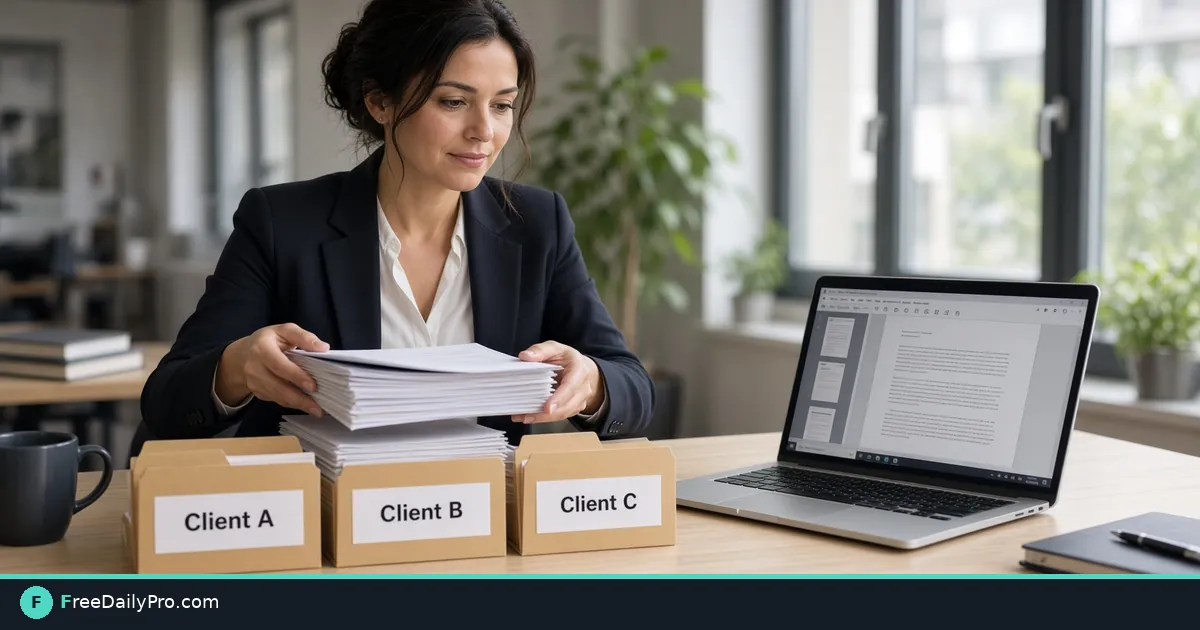 Professional at a desk sorting papers into Client A, B, and C folders beside a laptop showing a multi-page PDF