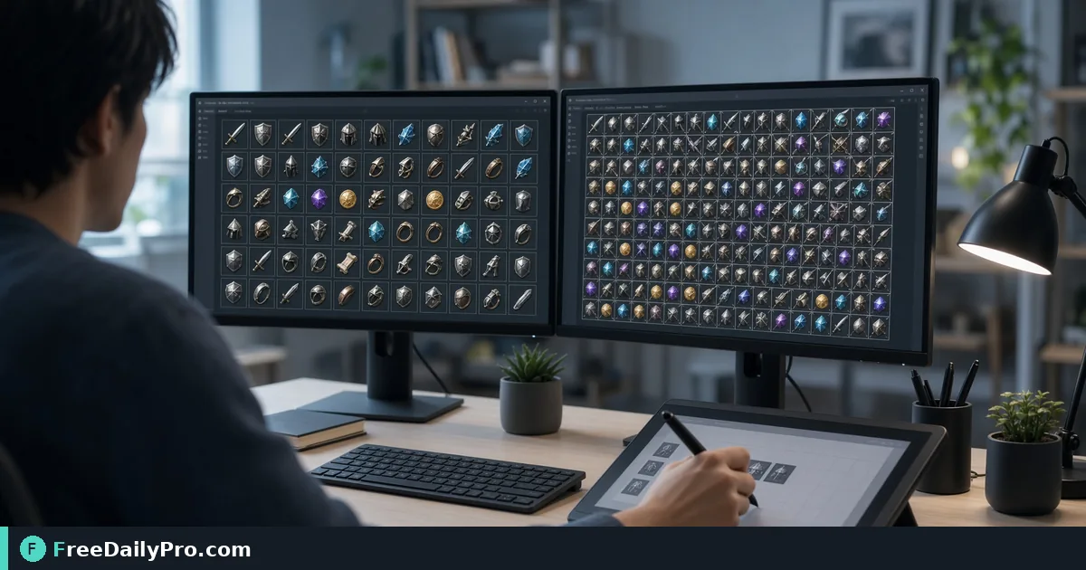 Person using Sprite Sheet Tool on a laptop for a real game UI assets task