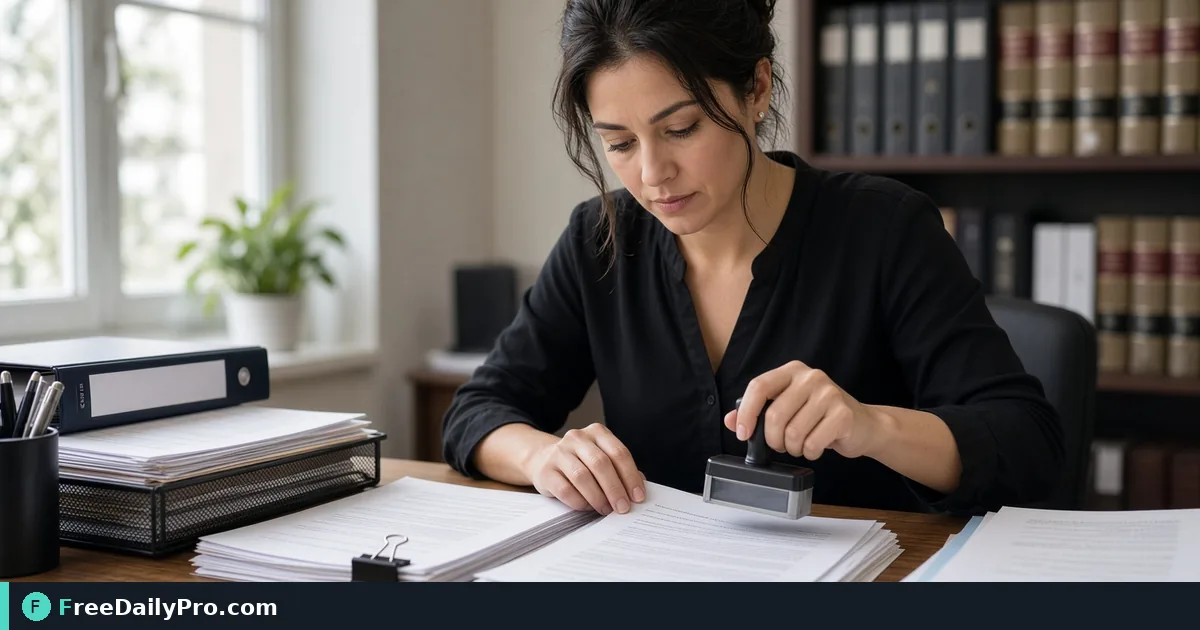 Legal professional stamping exhibit labels on printed documents at a desk