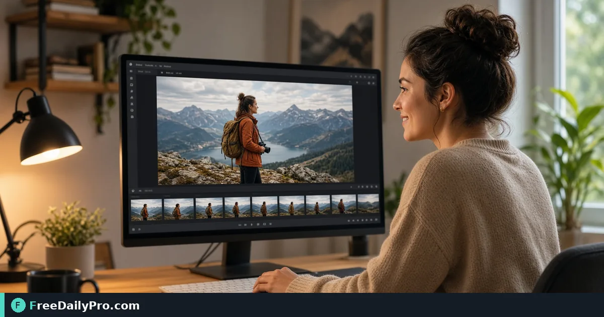 Person using Thumbnail Gen on a laptop for a real video packaging task