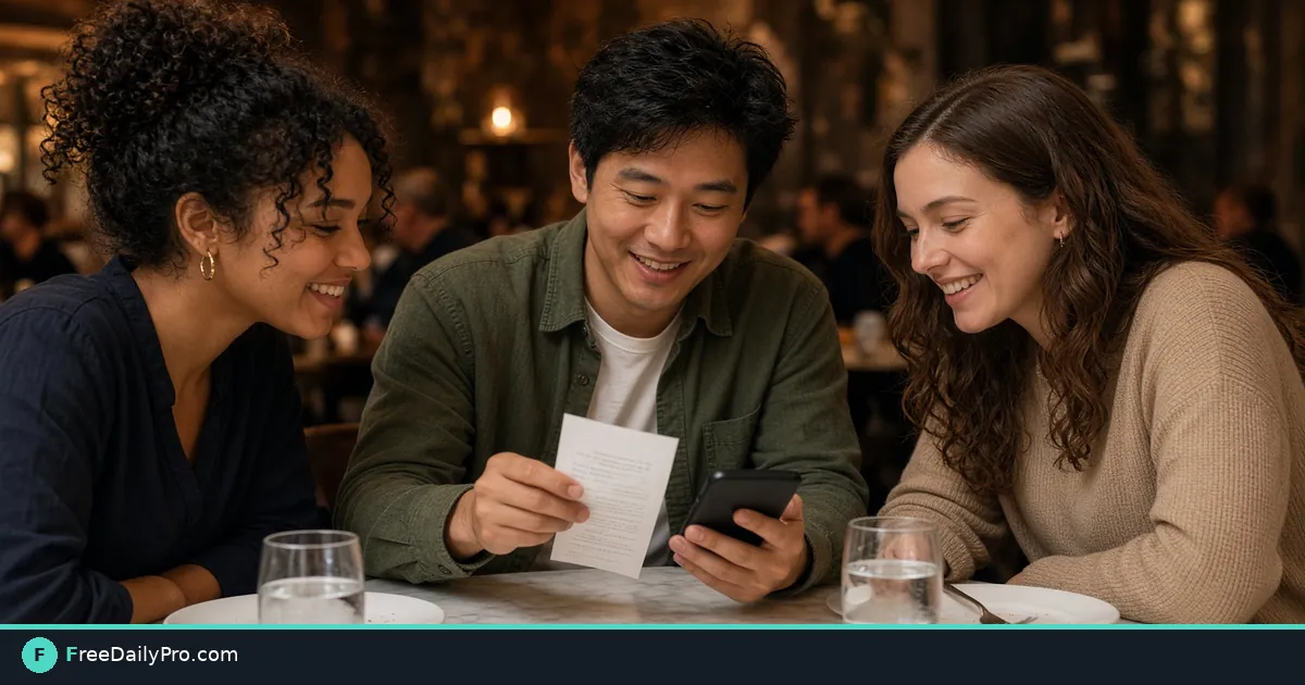 Three friends at a restaurant table reviewing a paper receipt together while one holds a phone