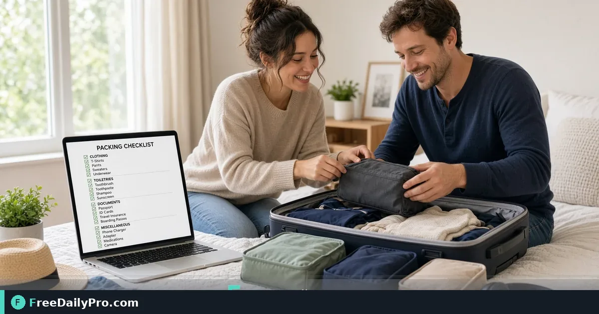 Traveler packing a suitcase with a packing checklist open on a laptop