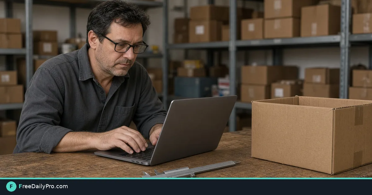 Shop owner converting product dimensions on a laptop with caliper and carton