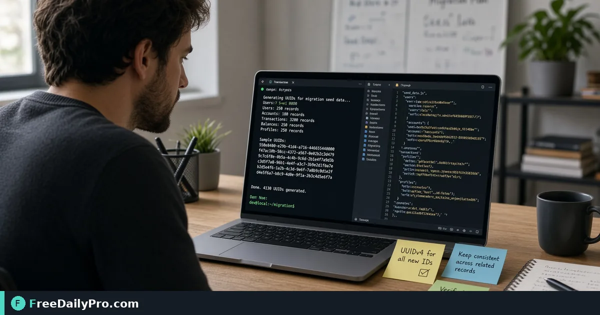 Person using UUID Generator on a laptop for a real data seeding task