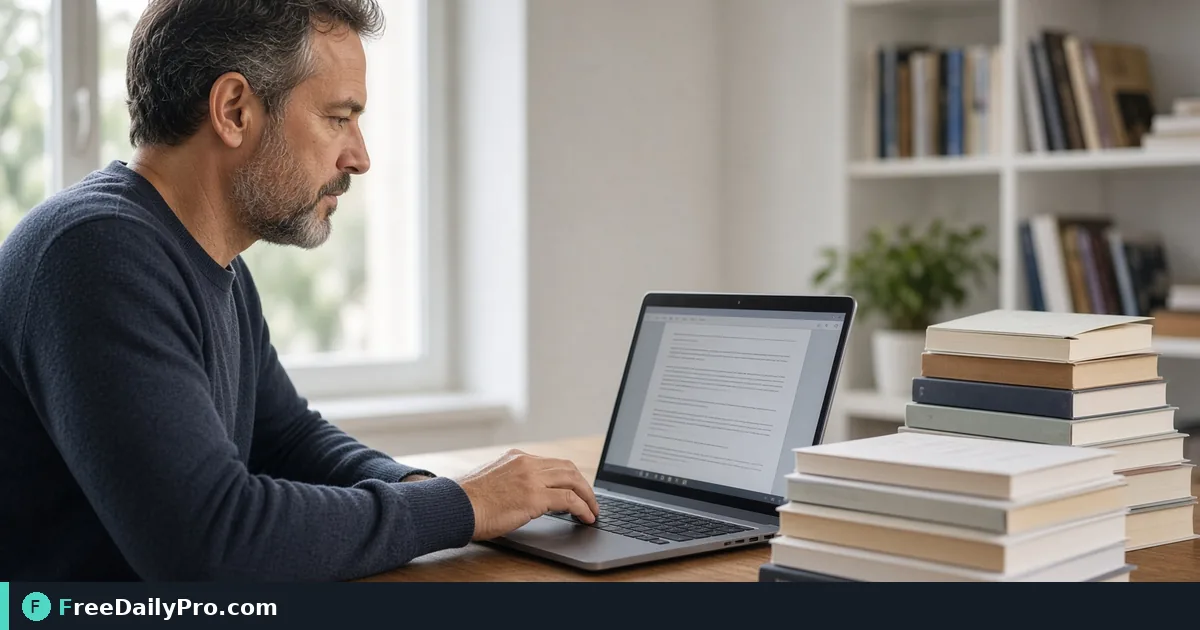 Publisher verifying ISBN numbers on a laptop with stacked paperbacks